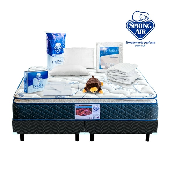 Colchón King Size Spring Air + Box + 2 Almohadas + Cubre Colchón King Size + Juego de Sabanas King Size + Osito Carmín