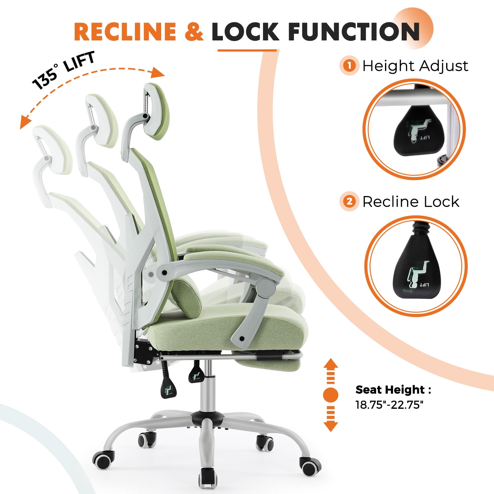 CONCETTA Ergonomic Mesh Office Chair, High Back Swivel Chairs with Adjustable Lumbar Support, Headrest, Footrest, and Armrests, Green