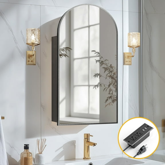 Arched Medicine Cabinet with Mirror,Bathroom Medicine Cabinet Wall Mounted,Bathroom Vanity Mirror with Storage 2 Power Outlets,Mirrored Cabinet with Adjustable Shelf, 20X34 Inch Black