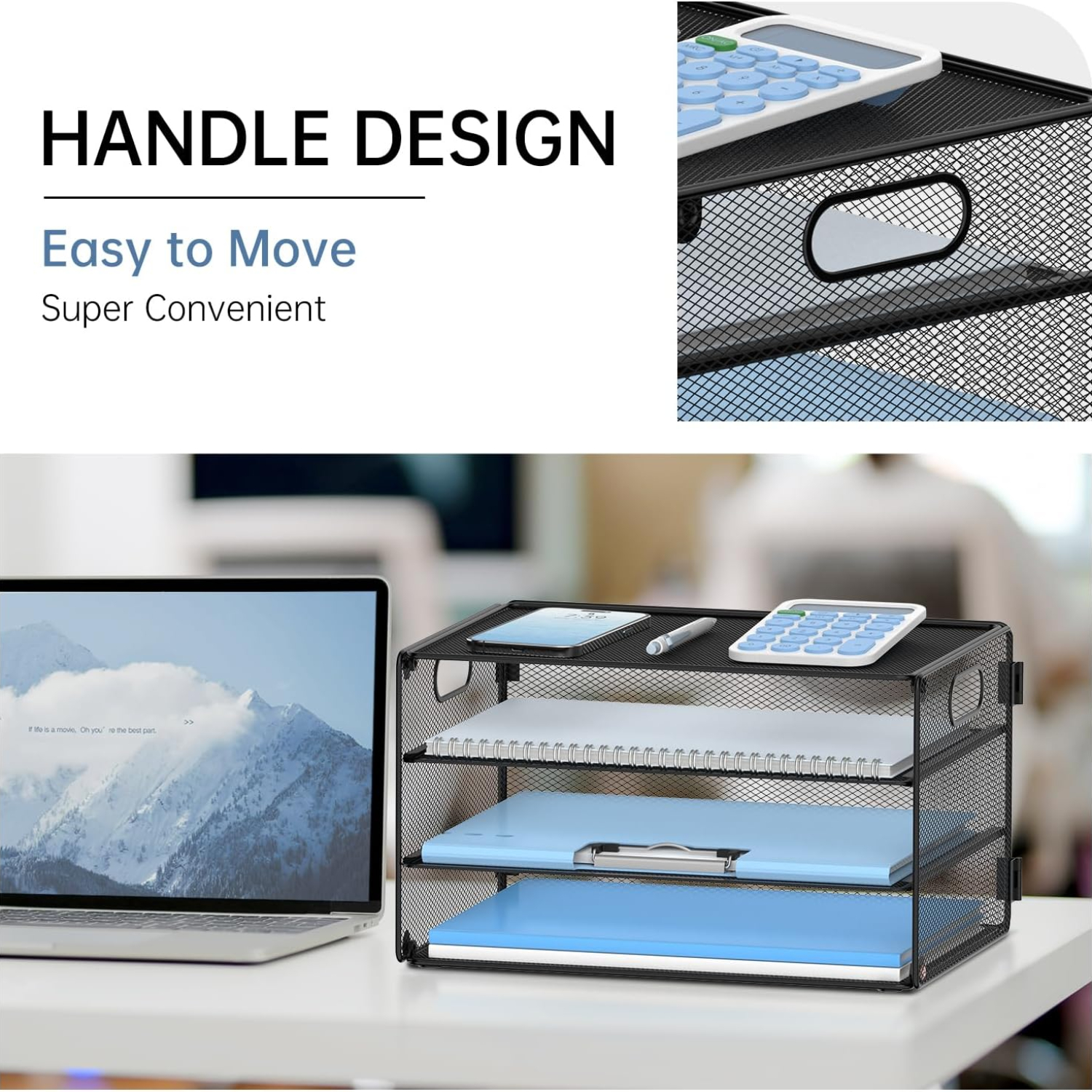 INTIGE 3-Tier File Organizer with Handles, Mesh Desktop Storage Cabinet, Suitable for Home and Office, Black