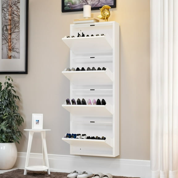 ModFusion Metal Shoe Cabinet with 4 Flip Drawers, Wall Mounted & No Assembly Sneaker Storage with Magnetic Gooseneck, White