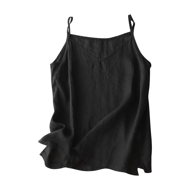 Vestidos Casuales Para Mujer, Blusas De Mujer De Moda Camisola de lino sintético de color liso con dobladillo plisado y escote en V dividido para mujer