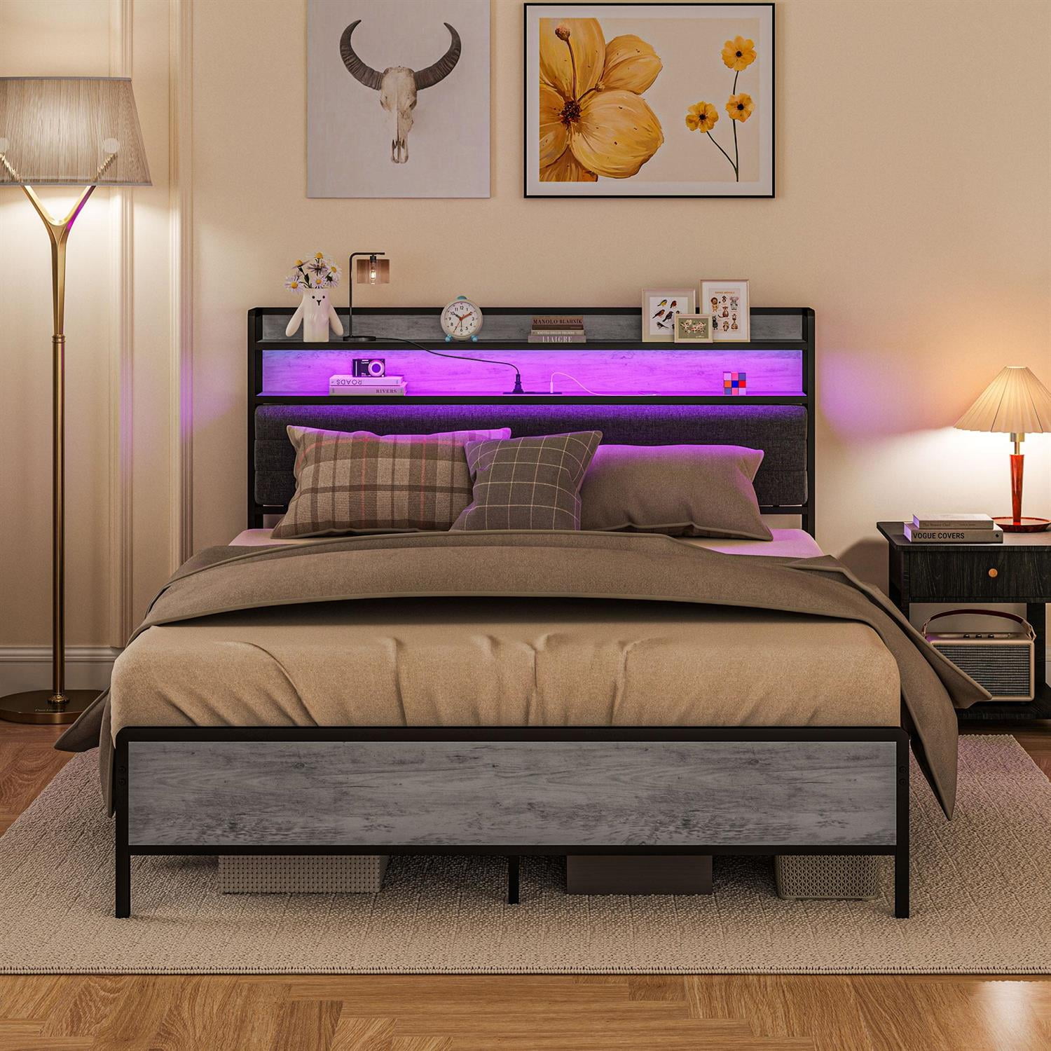 Demi Bonn Queen Bed Frame with Storage, LED Lights & Charging Station, Modern Design for Home Use, Upholstered Headboard, Gray