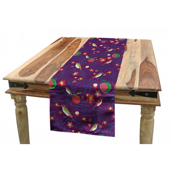 Colorful Table Runner, Vibrant Color Abstract Nature with Perching Swallow Birds Swirly Leaves and Fruits, Dining Room Kitchen Rectangular Runner, 3 Sizes, by Ambesonne
