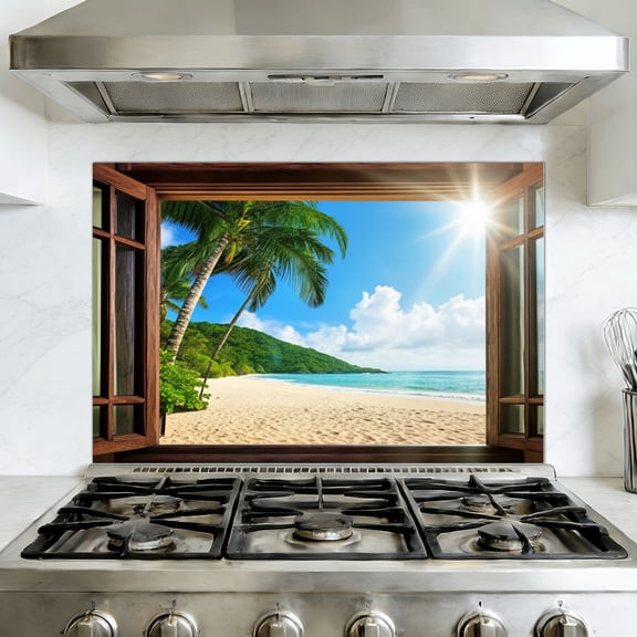 Kitchen Backsplash Peel and Stick Wall Murals Beach Sunset Ocean Landscape Tropical Palm Tree Removable Mural 35.4"W x 23.6"H, Oil Proof Vinyl Wallpaper for Fireplace & Behind Stove