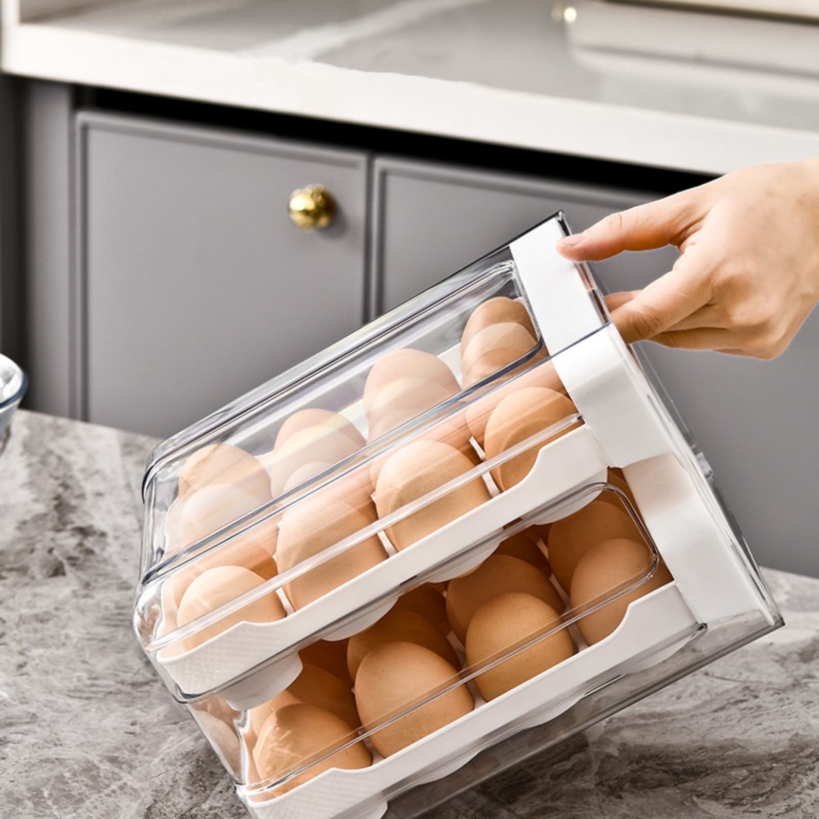 Egg storage organizer, refrigerator egg holder, double track rolling dispenser, food grade plastic, kitchen pantry organization