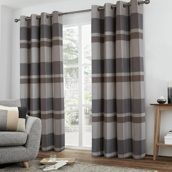 100% Blackout Plaid Curtains for Bedroom Living Room Black Tartan Grommet Thermal Beige Grey 42"W x 63"L (Pack of 2)