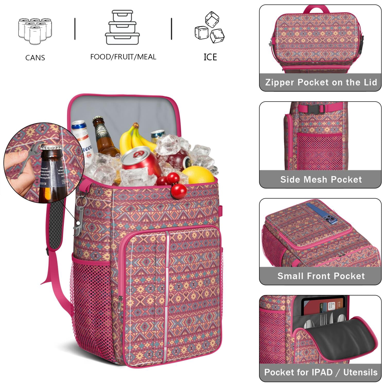 Travel Cooler Bag - Boho Bohemia Pioneer Flower Geometric Line Art Camping Beer Cooler Backpack with Bottle Opener- Waterproof Insulated Picnic Backpacks - Cooler Bag for Beach