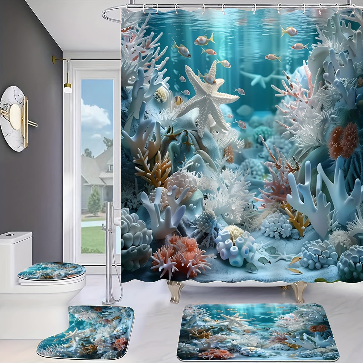4pcs Ocean Style Shell Starfish Shower Curtain Set Bathroom Set Waterproof Shower Curtains Non-Slip Floor Mat Toilet Seat Cover, Bath Mat and 12 Plastic Hooks Bathroom Accessories Home Decor