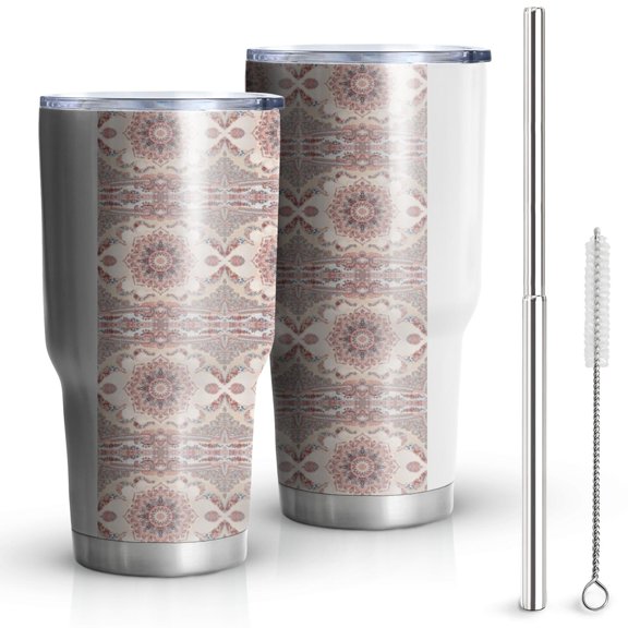 30oz Pink Ethnic Floral and Paisley Pattern Tumblers Stainless Steel Tumbler with Lid and Straw,Vacuum Insulated Double Wall Travel Tumbler Cups Mug with Cleaning Brush for Coffee,Tea