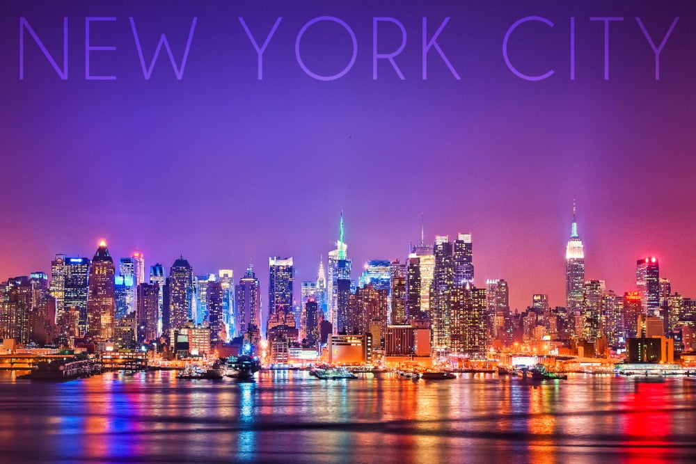New York City, New York, Colorful Skyline Lights (16x24 Giclee Gallery