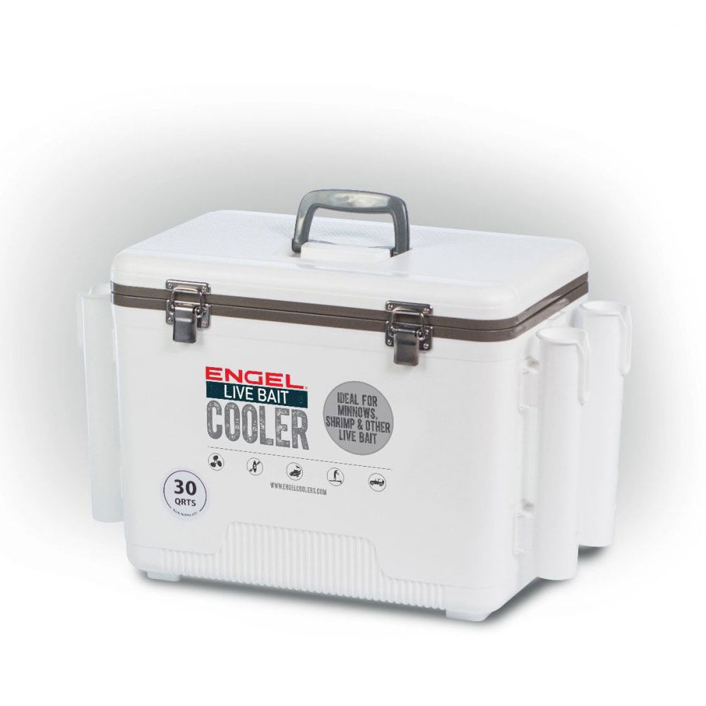 Engel 30 Durable Quart Live Bait Dry Box and Cooler with Rod Holders, White