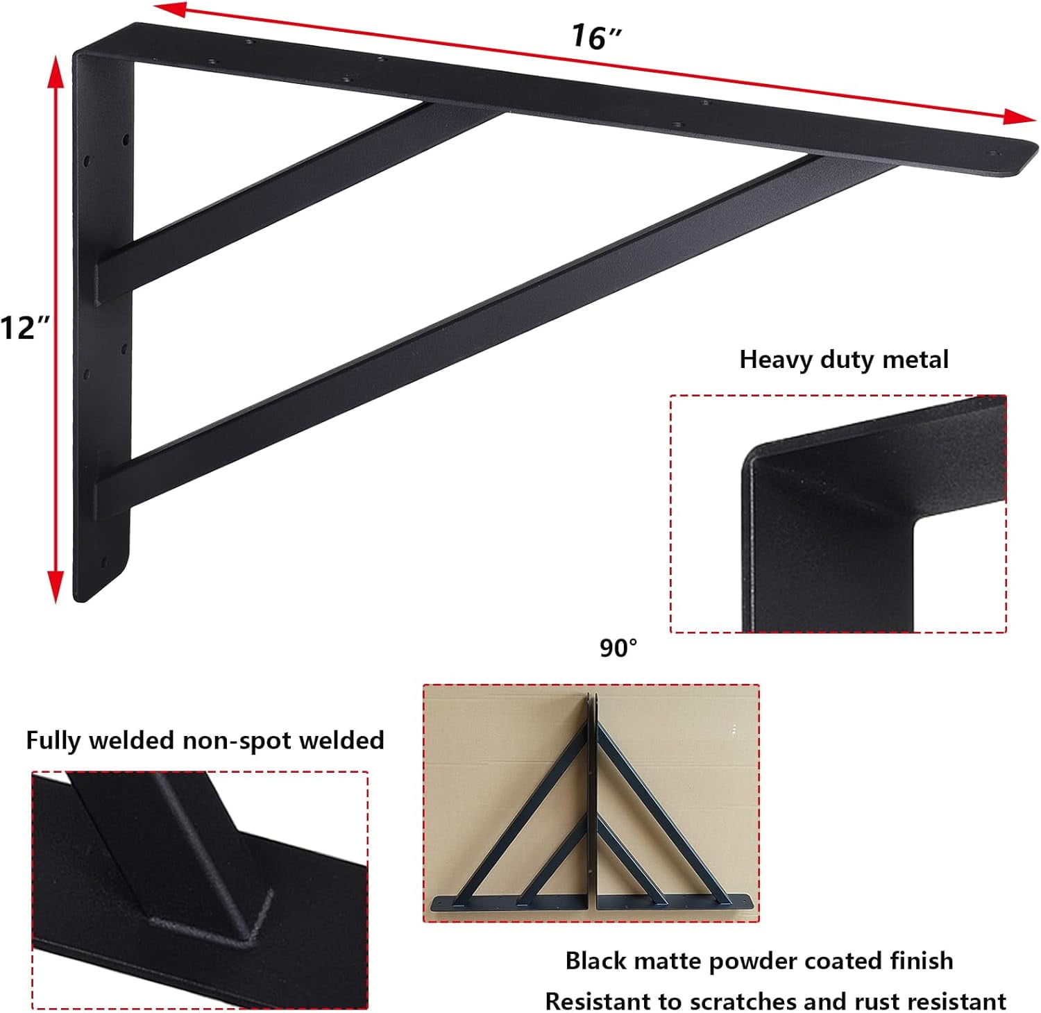 VANROUG 2Pcs Heavy Duty Shelf Bracket Countertop Support Brackets 16"x12" Wall Mounted Floating Shelf Bracket,Solid Fireplace Metal Brackets for Shelves for Tops Cabinetry Table Work Bench