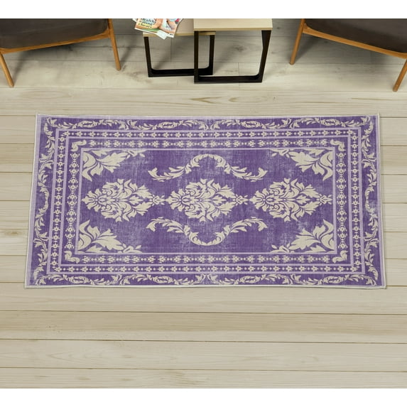 Bohemian Decorative Rug, Vintage Damask of Swirling Floral Motifs Boho Art Ethnic Forms and Shapes, Quality Carpet for Bedroom Dorm and Living Room, 6 Sizes, Violet and Ivory, by Ambesonne