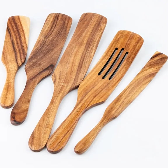5 Piece Best Wooden Spurtle Cooking Kitchenware Set, Wooden Spoons for Cooking, Natural Teak Wooden Spatula for Cooking, Stirring, Mixing, Serving,Sourdough Starter Spatula