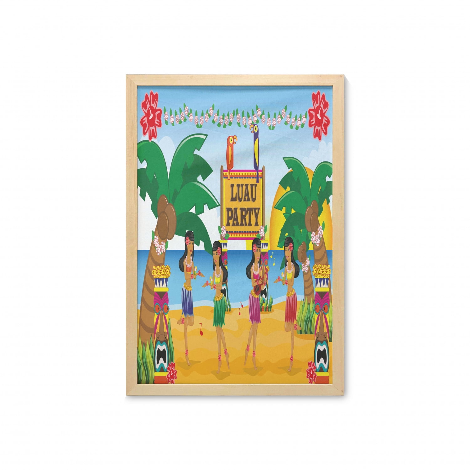 Tiki Bar Wall Art with Frame, Hawaiian Luau Party in Funny Cartoon Style Dancers on Beach Tradition, Printed Fabric Poster for Bathroom Living Room Dorms, 23 Tiki Bar Wall Art with Frame, Hawaiian Luau Party in Funny Cartoon Style Dancers on Beach Tradition, Printed Fabric Poster for Bathroom Living Room Dorms, 23