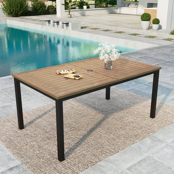 Summit Living Outdoor Rectangle Dining Table, 1.9" Umbrella Hole & Wood Grain Top for 6-Person, Black & Brown