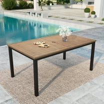 Summit Living Outdoor Rectangle Dining Table, 1.9" Umbrella Hole & Wood Grain Top for 6-Person, Black & Brown