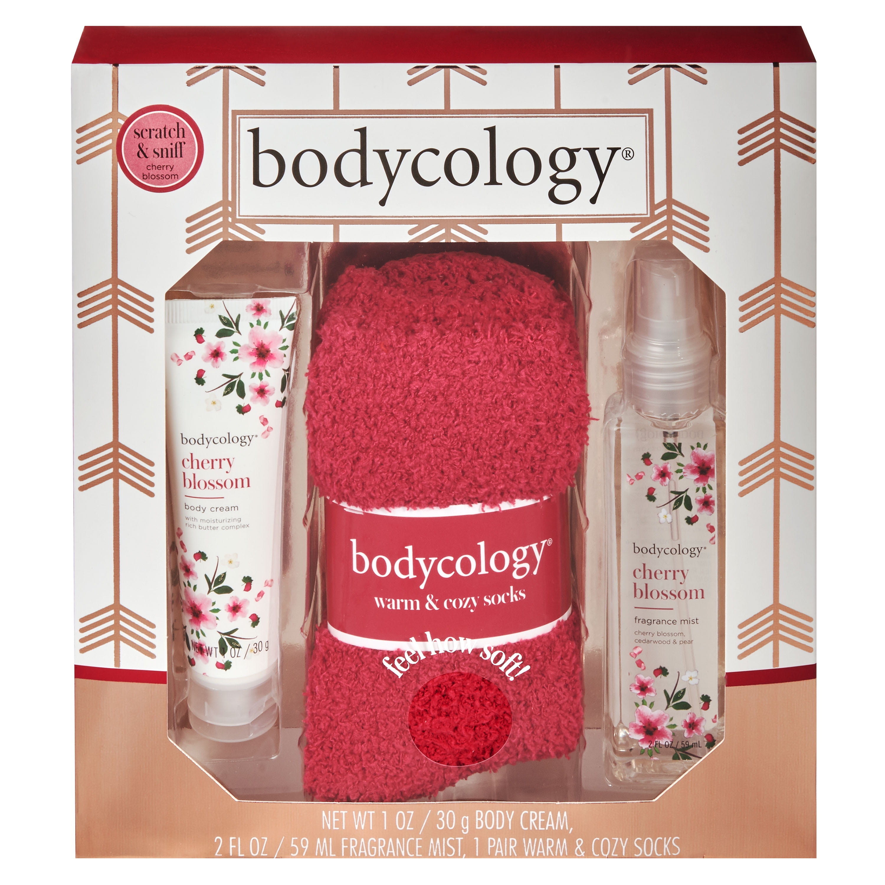 Bodycology Cherry Blossom Gift Set, 3 Pieces (Lotion, Fuzzy Socks, Fragrance Mist)