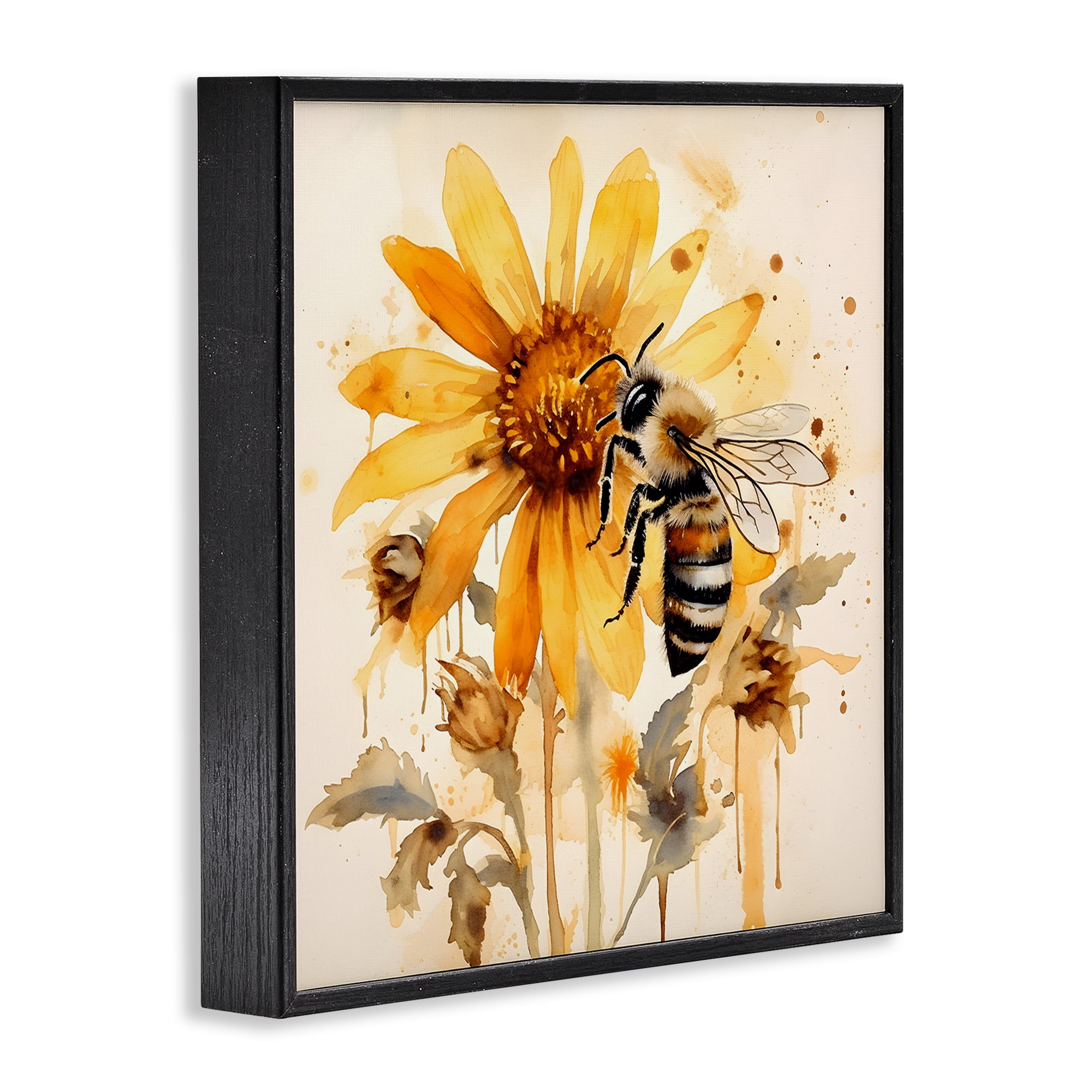 Stupell Industries Busy Bee with Flower Animals & Insects Painting Black Framed Art Print Wall Art, 12 x 12