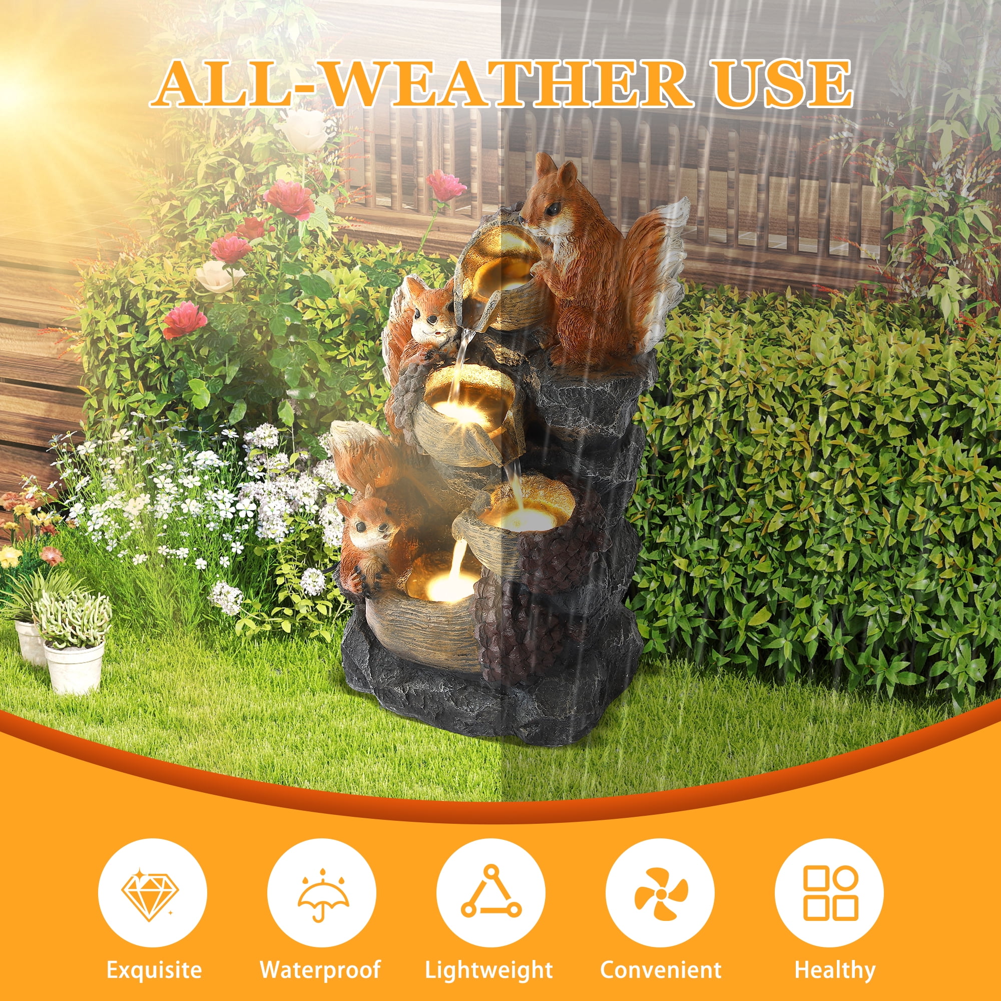 Haverchair 23.6" Outdoor Water Fountain with LED Lights, 4-Tier Squirrels Hazelnut Bowls Garden Fountain, Modern Cascading Waterfall Fountains for Garden, Patio, Backyard, Deck, Porch and Home Decor