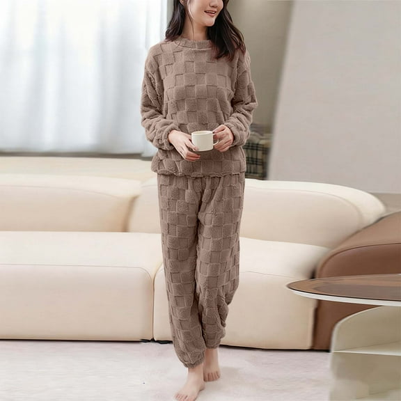 Wowcloth Woman's Coral Fleece Pajama Set, Solid Color Thickened Plush Warm Winter Thermal Sleepwear for Home and Lounge Wear