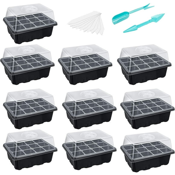 10-Pack Seed Starter Trays Seedling Tray (12 Cells per Tray) Humidity Adjustable Plant Starter Kit with Dome and Base Greenhouse Grow Trays for Seeds Growing Starting