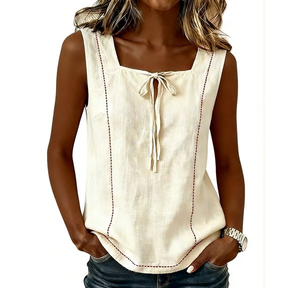 Linen Shirts for Women Square Neck Sleeveless Tops with Tie Breathable Crinkled Summer Tank Tops Beige XL