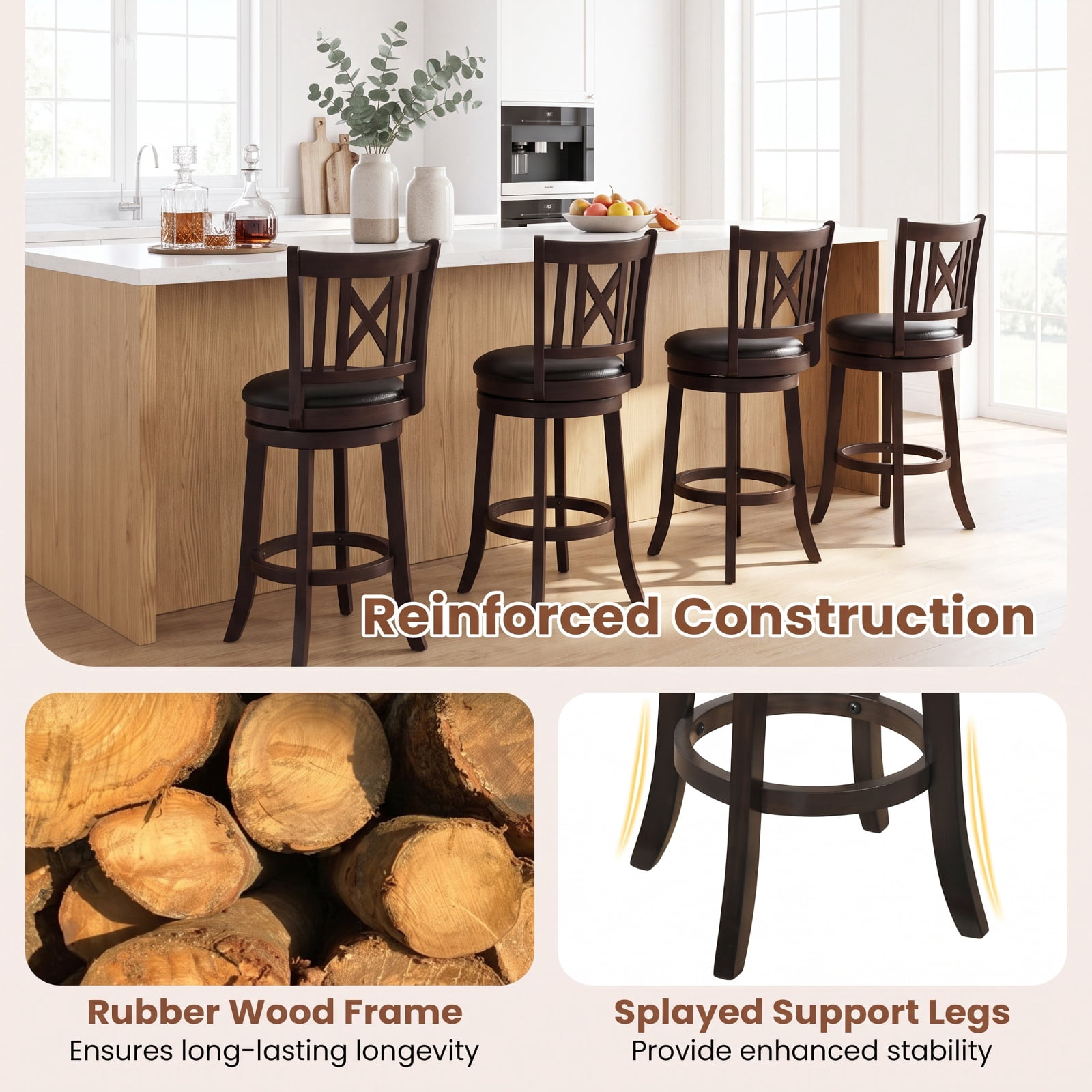 Furnibear Set of 2 Bar Stools Swivel Bar Chairs with Hollowed Backrest and Footrest-26 inches for Kitchen Island Counter Bar Pub Dining Home, Taupe