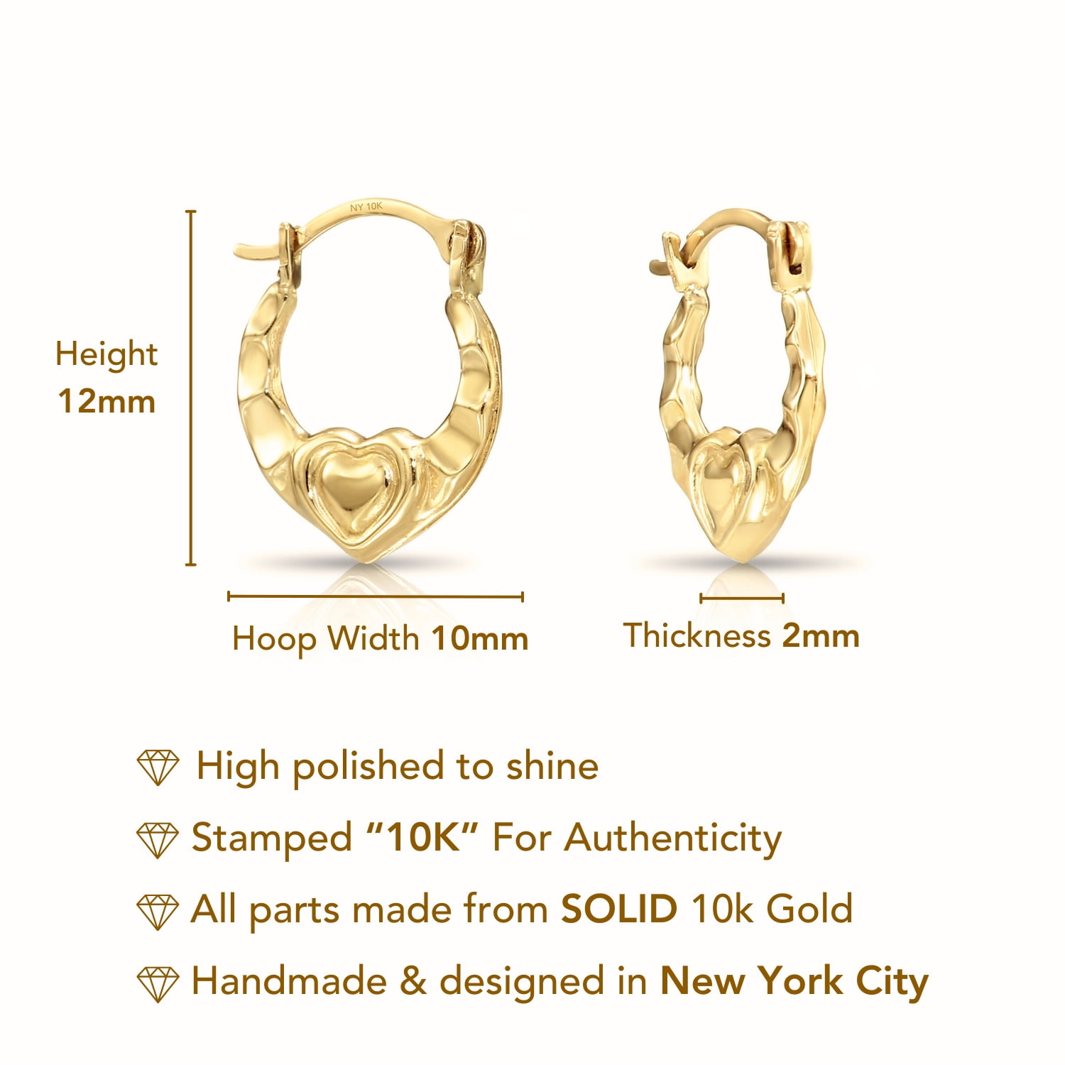 Tilo Jewelry 10K Yellow Gold Tiny Heart Hoop Earrings | 12mm Small | Dainty Everyday Earrings for Women & Unisex