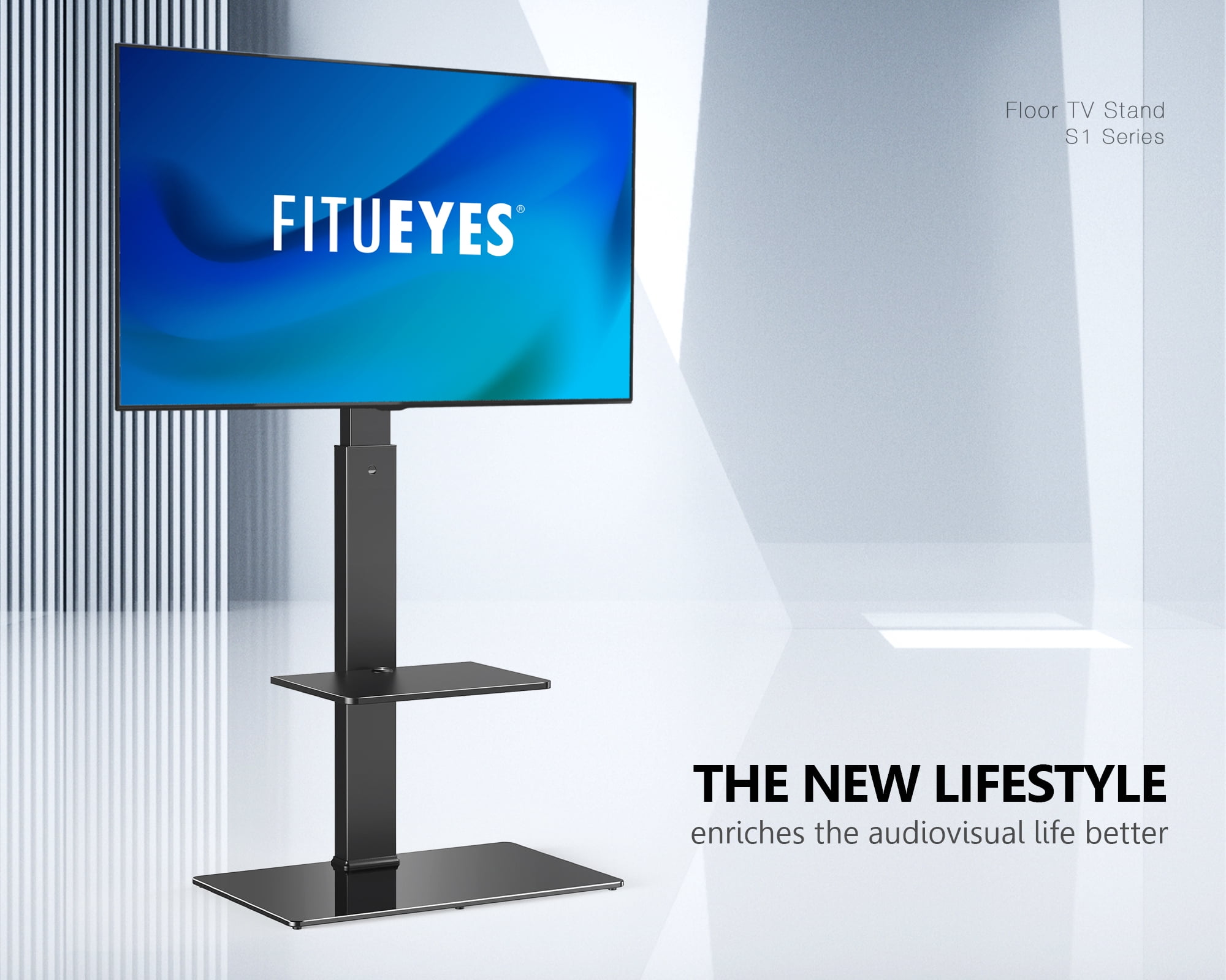FITUEYES Universal Swivel Floor TV Stand for 65 Inch TV, Television Stands with Tempered Glass Base Black TV Stand for Bedroom, Modern Room, School, Hotel