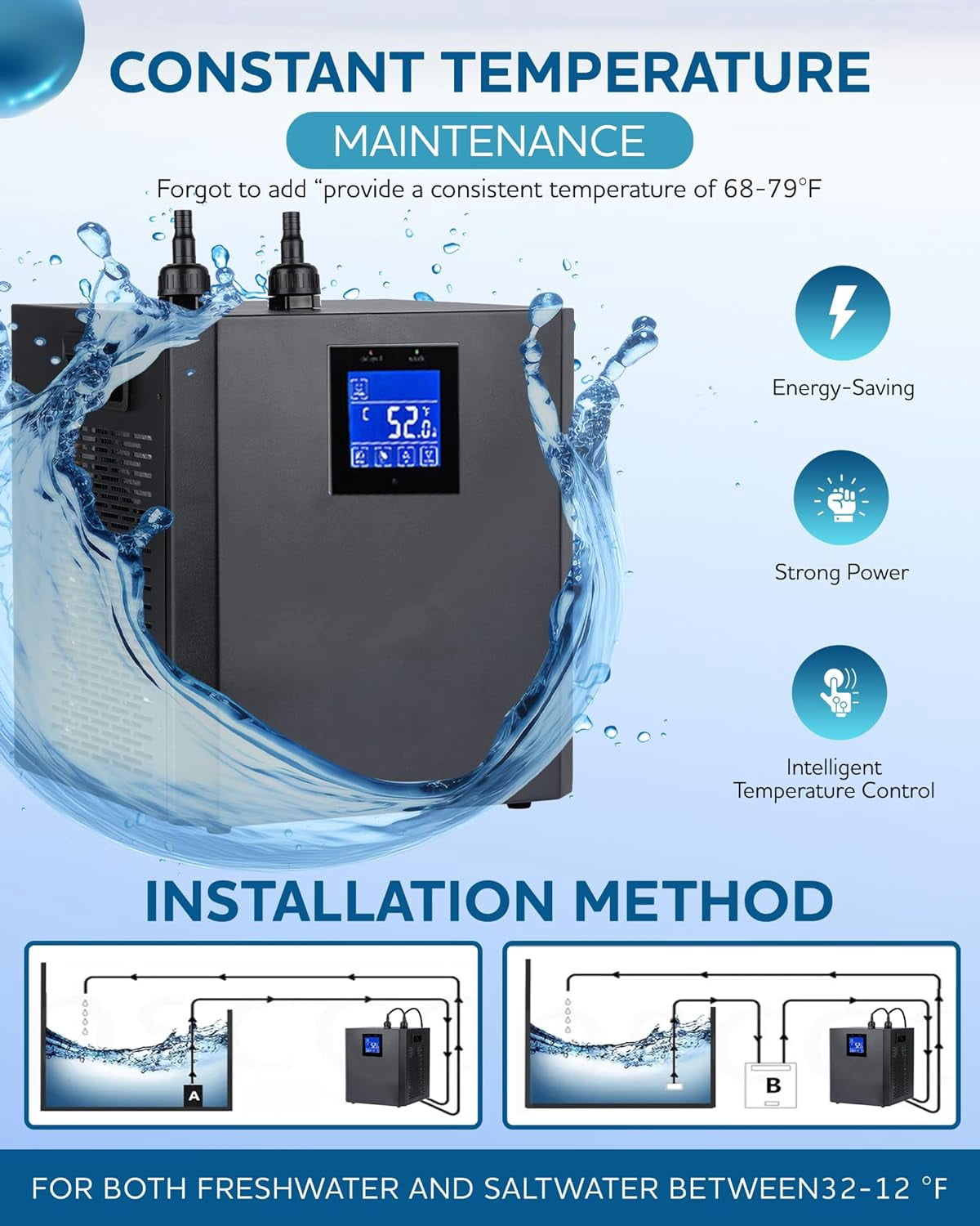 Ecojoy  300L 1/3 HP Aquarium Chiller Water Chiller Hydroponic Tank Cooler With Remote