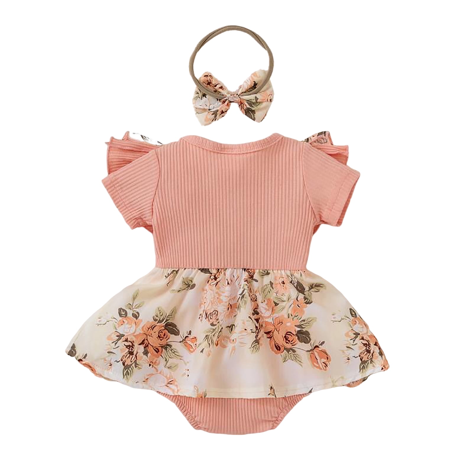 Staki Baby Girls Romper Dress Newborn Baby Girl Summer Dress Ruffle Sleeveless Floral Embroidery Romper Dress Headband Beautiful Clothes Set 0-18M(Pink,9-12 Months)