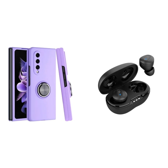 BEMZ Magnetic Ring Car Mount Holder Stand Protective Case (Light Purple) with Noise-Cancelling Wireless Earbuds with Charging Case for Samsung Galaxy Z Fold 4 5G