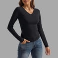thumbnail image 2 of CUZIBR Women'S Spring Shirt Solid Color Slim Fit Pleated V-Neck Tight Long Sleeved Ribbed Knit Casual Basic T Shirt Top Fashionable Comfortable Soft Stretch Casual Blouse Tee Tops,Black,S, 2 of 6