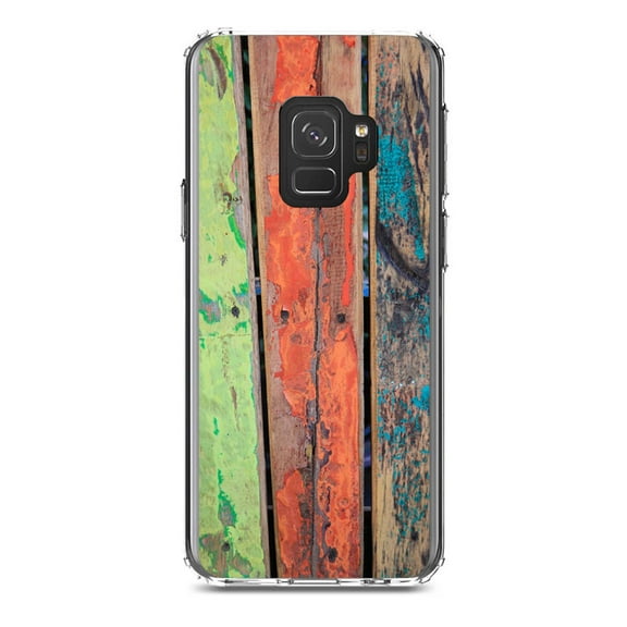 DistinctInk Clear Shockproof Hybrid Case for Samsung Galaxy S9 (5.8" Screen) - TPU Bumper, Acrylic Back, Tempered Glass Screen Protector - Rough Painted Wood Print - Printed Wood Grain Image