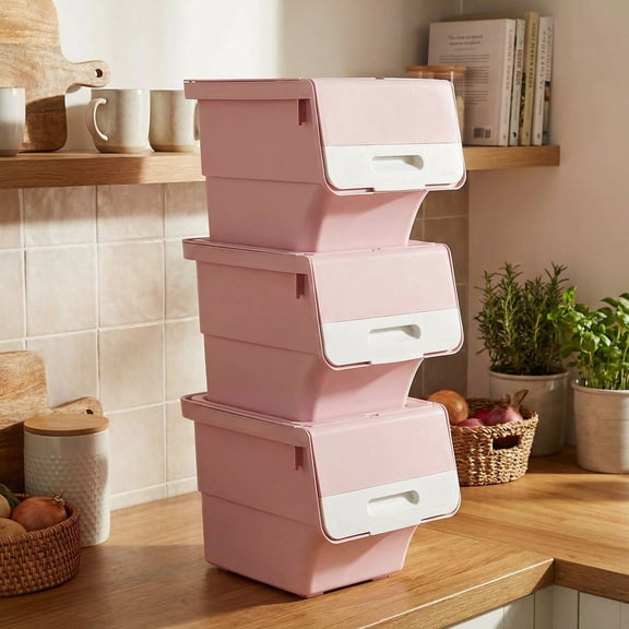 Resenkos 3-Piece Small Storage Bin with Wheels, Stackable Plastic Box with Stay-Open Lid for Home Organization, Pink