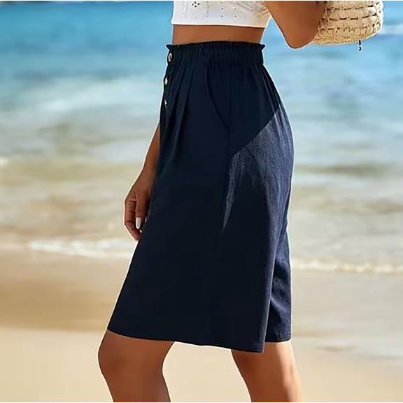 Noric Women's Cotton High Rise Bermuda Shorts Button Front Wide Leg Loose Fit Casual Summer Beach Shorts with Pockets