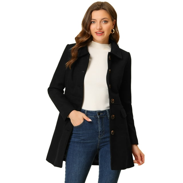 INSPIRE CHIC Manteau Mi-Long à Simple Boutonnage pour Femme à Col Peter Pan Noir TP