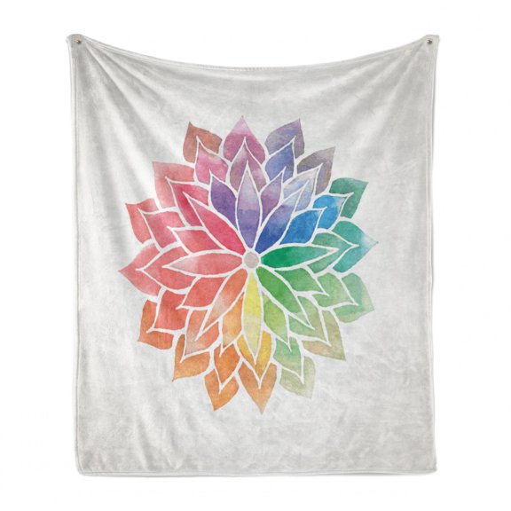 Rainbow Mandala Soft Flannel Fleece Throw Blanket, Watercolor Style Flower Design Petals on Off White Background, Cozy Plush for Indoor and Outdoor Use, 50" x 60", Multicolor, by Ambesonne