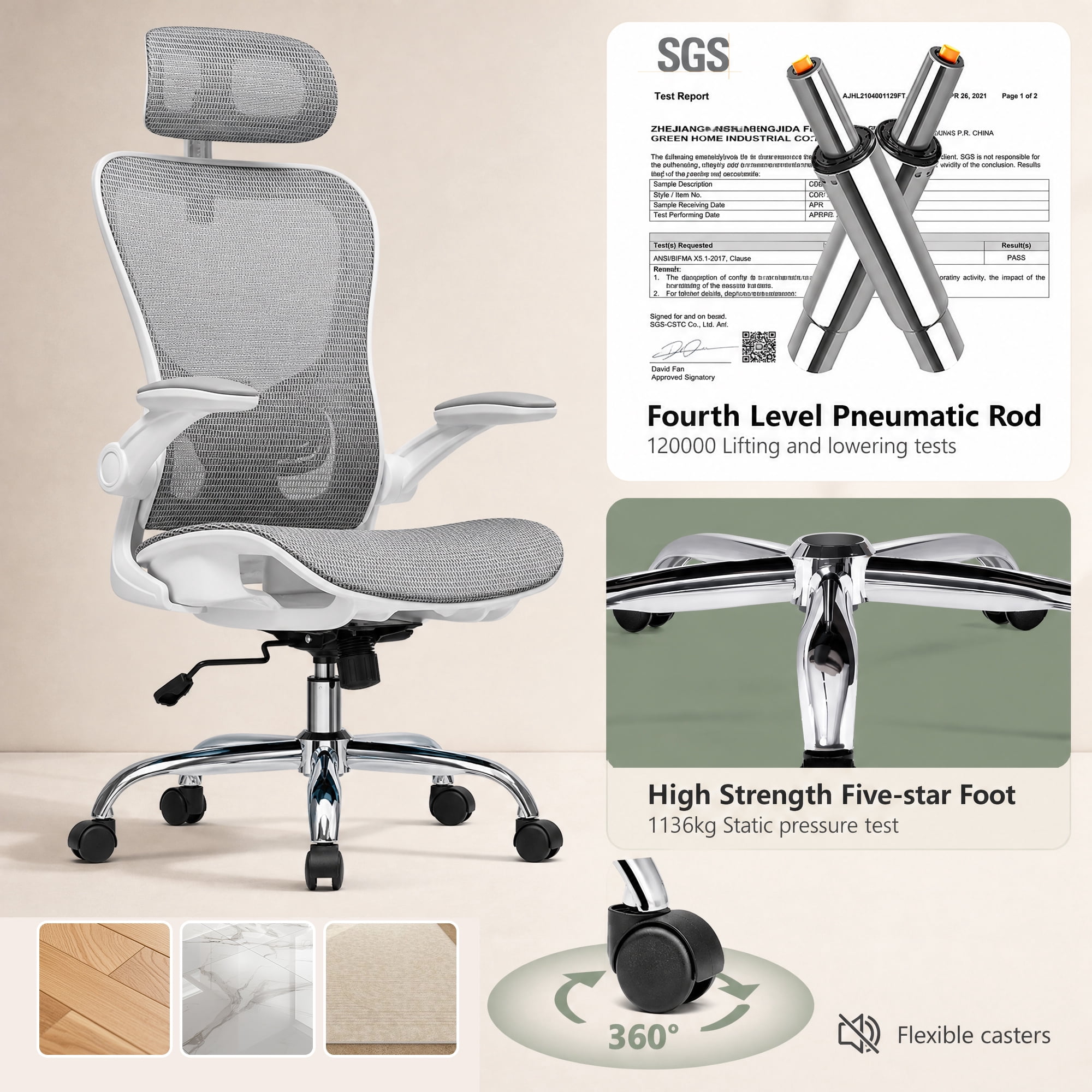 Cloudrest Pro Ergonomic Mesh Office Chair, High Back Task Chair with Flip-up Arms, Adjustable Headrest & Lumbar Support for Home Office, White