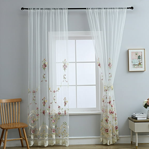 Sunyuer Luxury White Curtains 2 Panels for Bedroom, Cute Floral Embroidered Sheer Curtain Rod Pocket White Elegant Tulle Curtain Drapes for Living Room, Home Decor