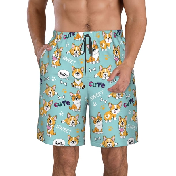 Fotbe Cute Dogs Corgi Trajes de Baño Estampados para Hombre, Shorts de Verano de Secado Rápido, Ropa de Playa, Bañadores-Small