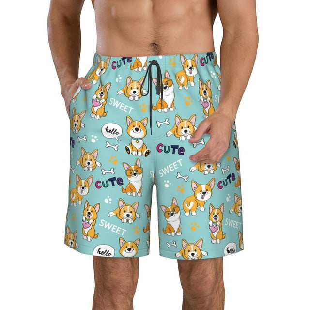 Lsque Cute Dogs Corgi Pattern Men's Swim Trunks Hawaiian Beach Bathing Suit Swimsuits Beach Quick-Dry Shorts with Pockets-3X-Large