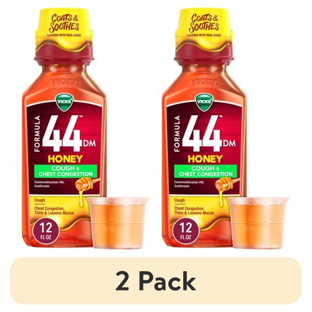 (2 pack) Vicks Formula 44 DM Cough & Congestion Liquid, Cough Medicine for Adults, Honey, 12 fl oz