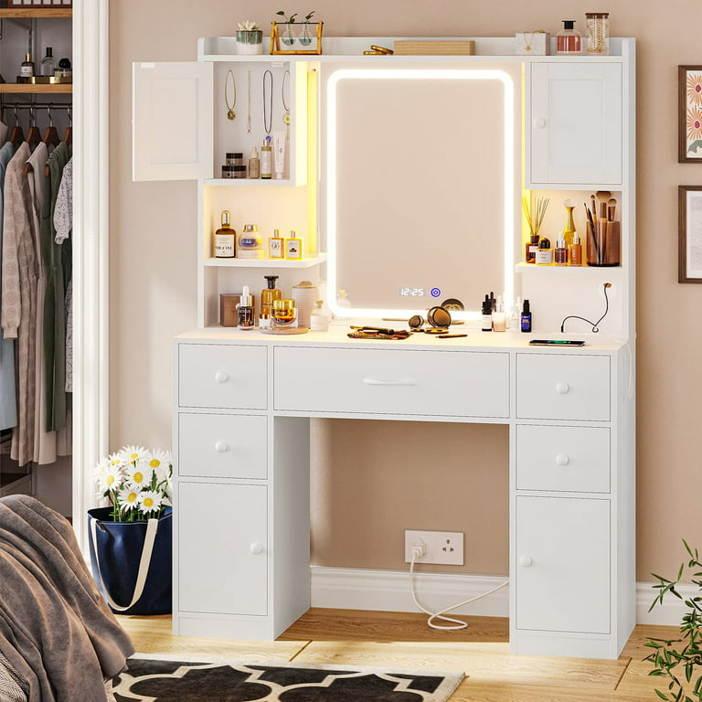 Vanity Desk with Lights Mirror,Large Makeup Vanity with Lights & Charging  Station,Vanity Desk with Storage Shelf and 5 Drawers,4 Cabinets & Time  Display, White 