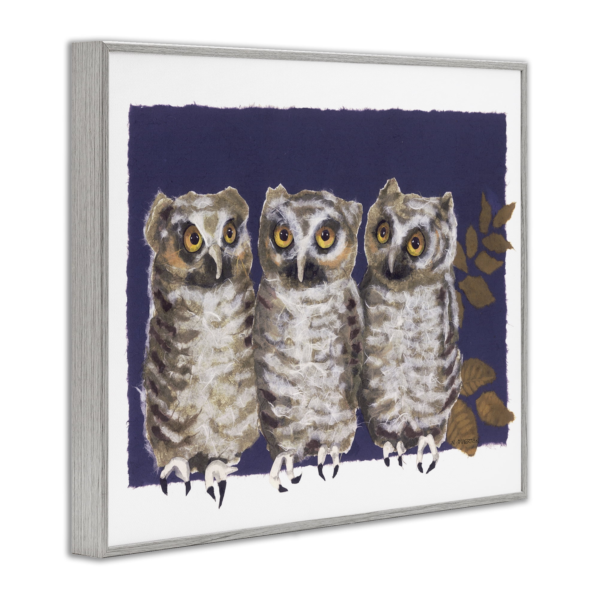 Stupell Industries Owl Trio & Leaves Animals & Insects Painting Gray Framed Art Print Wall Art, 30 x 24