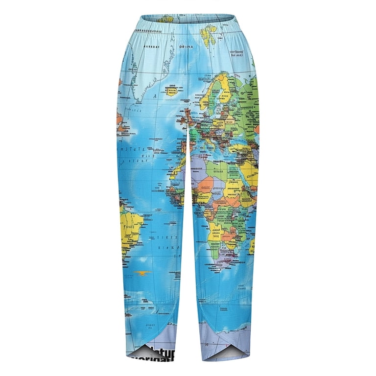World Map Printed Cropped Pants for Women Plus Size Casual Loose