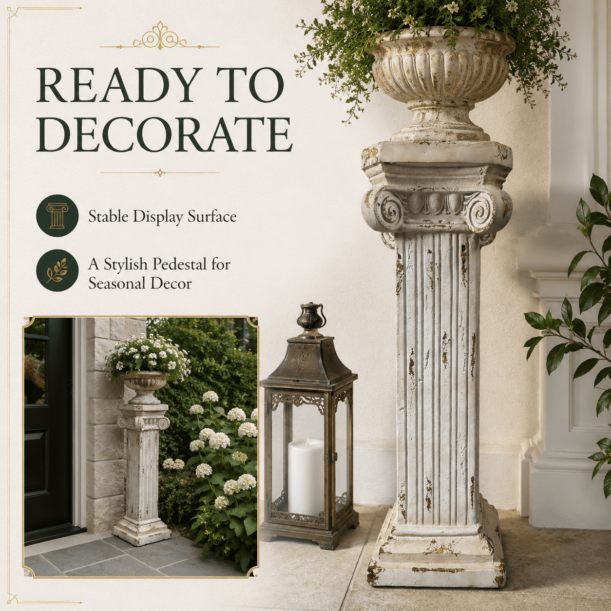 Aukfa 38.18" MGO Roman Column Planter Urn, Antique Garden Pedestal,Antique White