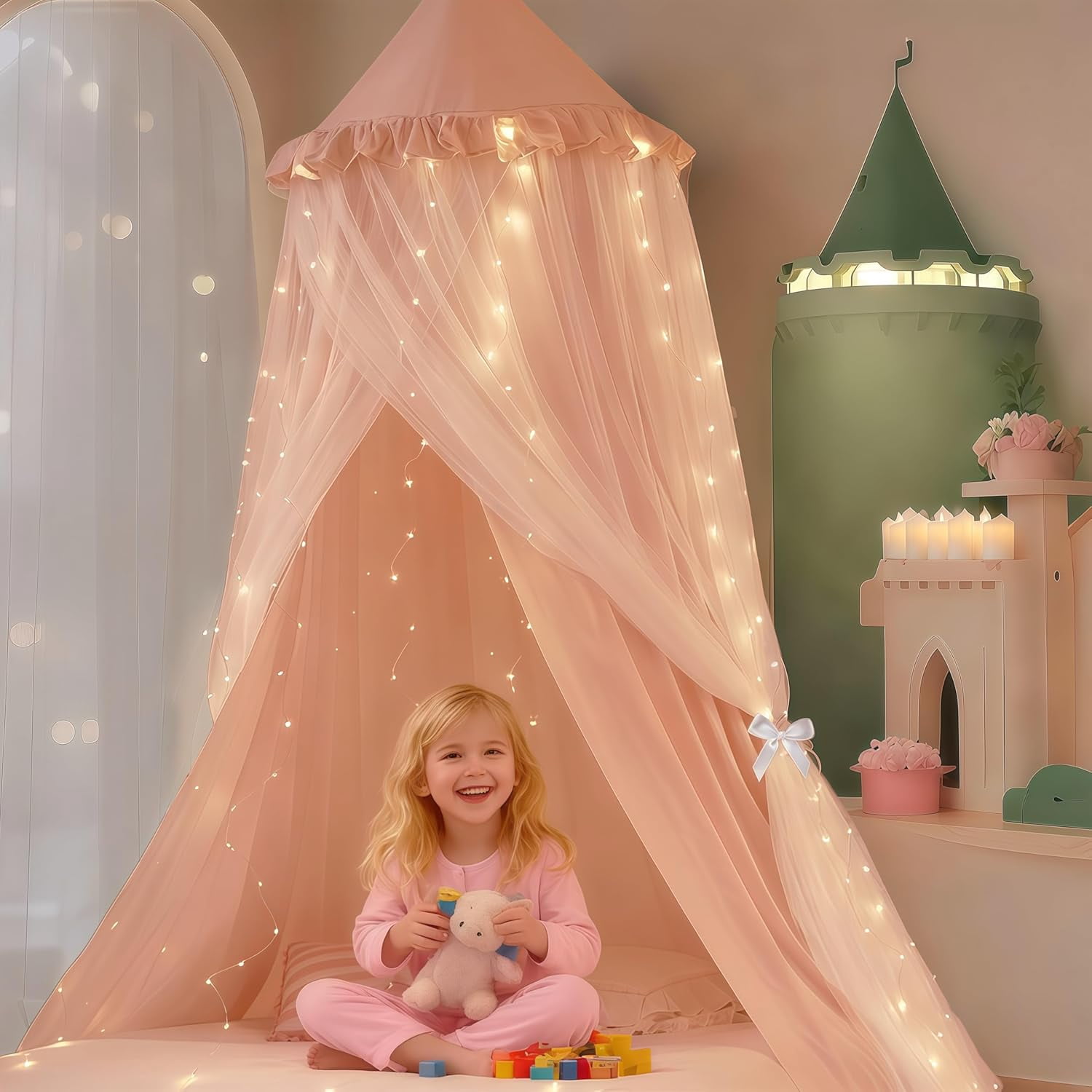 Princess Bed Canopy for Girls, Double Layer Canopy with 250pcs Warm White Curtain Lights, Fits Twin/Full Bed - Fairy Bed Tent for Kids Room Decor,Pink